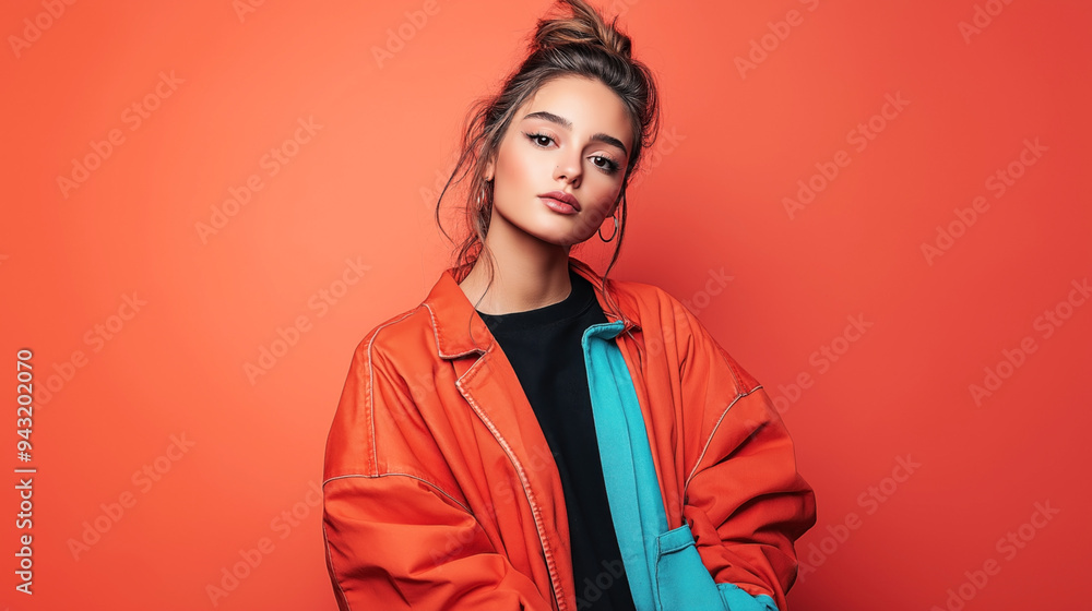 Φωτογραφία Portrait of a young woman with a top bun wearing an oversized orange jacket and black shirt standing against an orange background