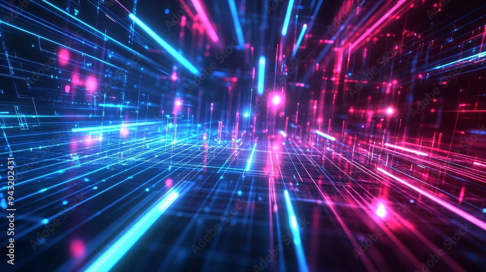 Abstract neon lines forming a glowing digital grid pattern Abstract neon lines forming a glowing digital grid pattern