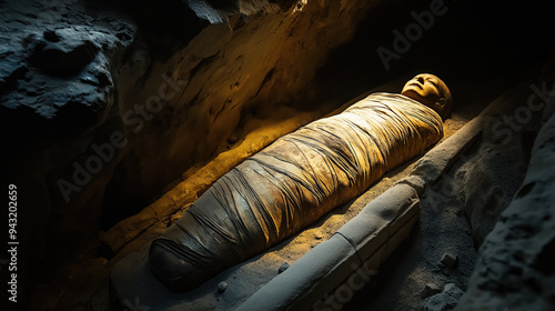 Ancient mummy resting in dimly lit tomb for archaeology exploration and study