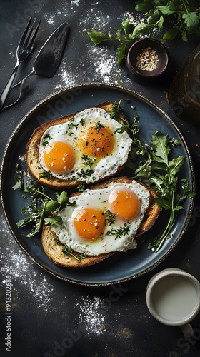 Two Slices of Toast with Fried Eggs and Greens on a Blue Plate