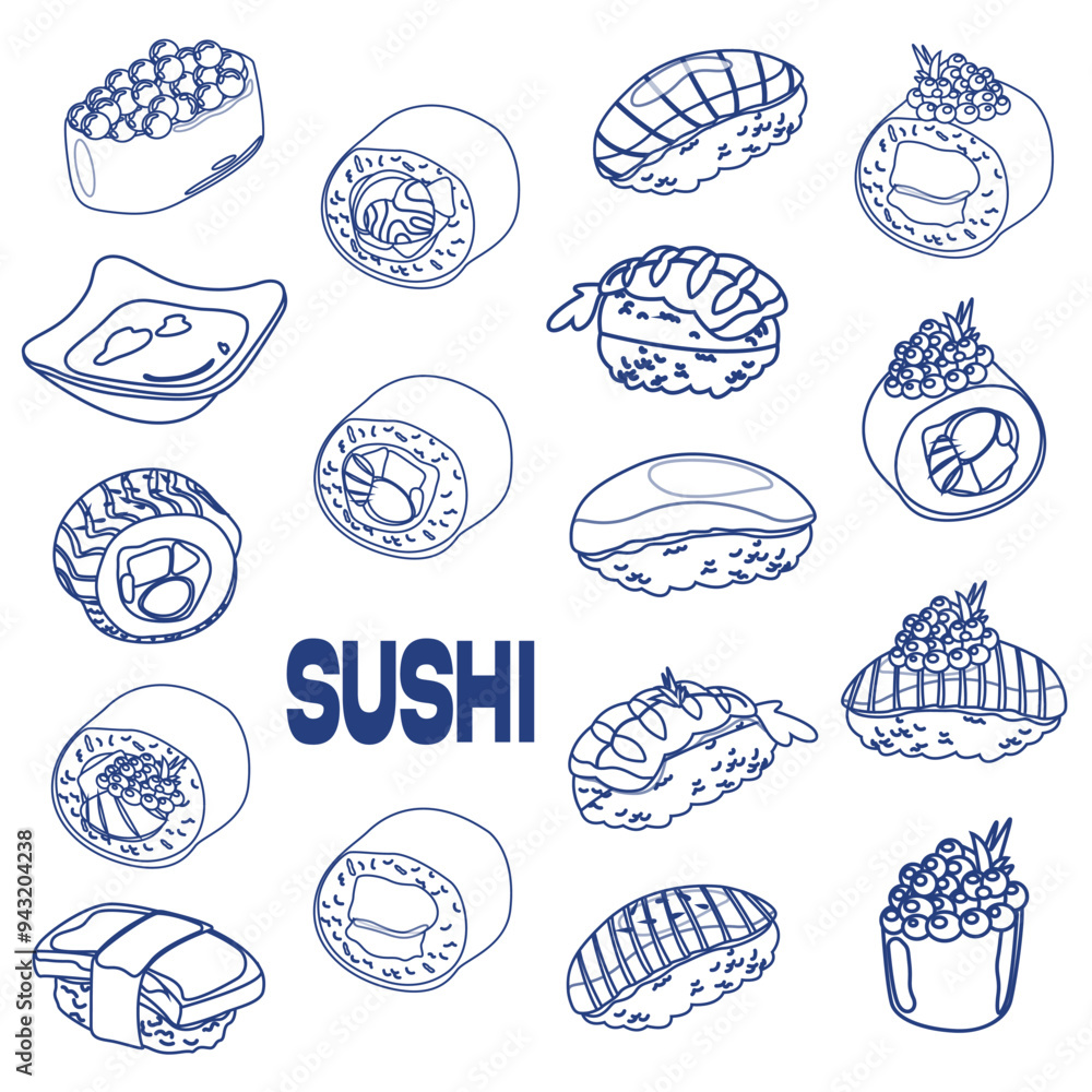It's time for sushi. Traditional asian food. Set of blue linear rolls with rice, salmon, tuna, tiger prawn, caviar, fish, avocado and seaweed. Set of line art asian food icons It's time for sushi. Traditional asian food. Set of blue linear rolls with rice, salmon, tuna, tiger prawn, caviar, fish, avocado and seaweed. Set of line art asian food icons