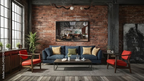 Loft-inspired living room decor with an industrial theme, 3D visualization.