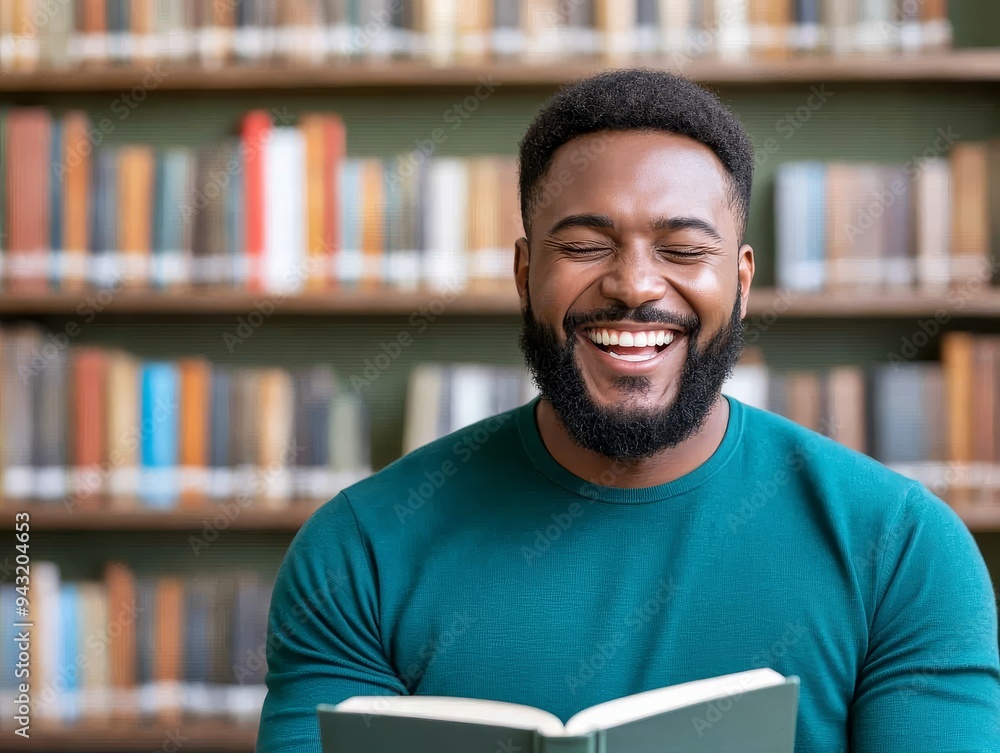 happy african american man reading book in library, enjoying literature, smiling, knowledge, education, bookstore, bookshelf happy african american man reading book in library, enjoying literature, smiling, knowledge, education, bookstore, bookshelf