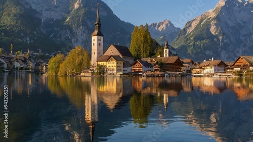 A picturesque morning perspective of Hallstatt and the Protestant church, bathed in the early light as it mirrors upon Lake Hallstatt photo