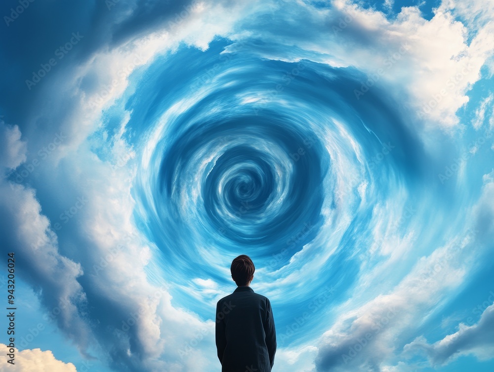 man looking up at a swirling vortex of clouds in the sky - symbol of change, uncertainty, and the future.