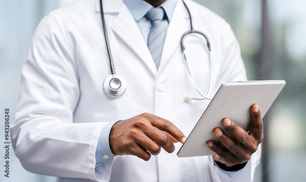 african american doctor using digital tablet for healthcare and medical information research in modern clinic office african american doctor using digital tablet for healthcare and medical information research in modern clinic office