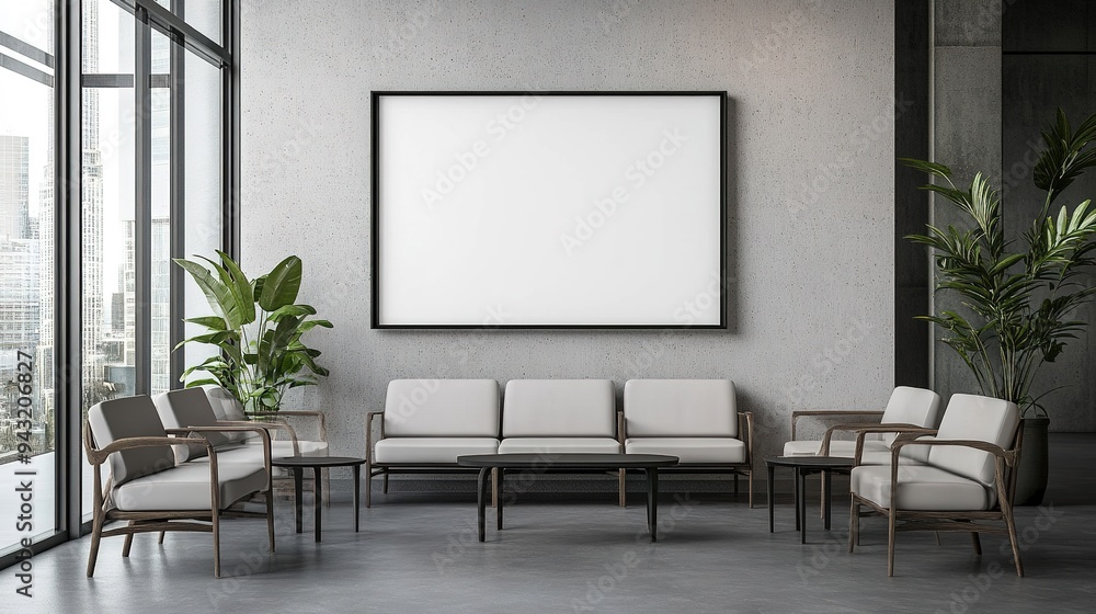 Rectangular frame poster mockup and empty concrete wall in the waiting room of the hospital with modern scandinavian style furniture and big window, loft interior decoration. Rectangular frame poster mockup and empty concrete wall in the waiting room of the hospital with modern scandinavian style furniture and big window, loft interior decoration.