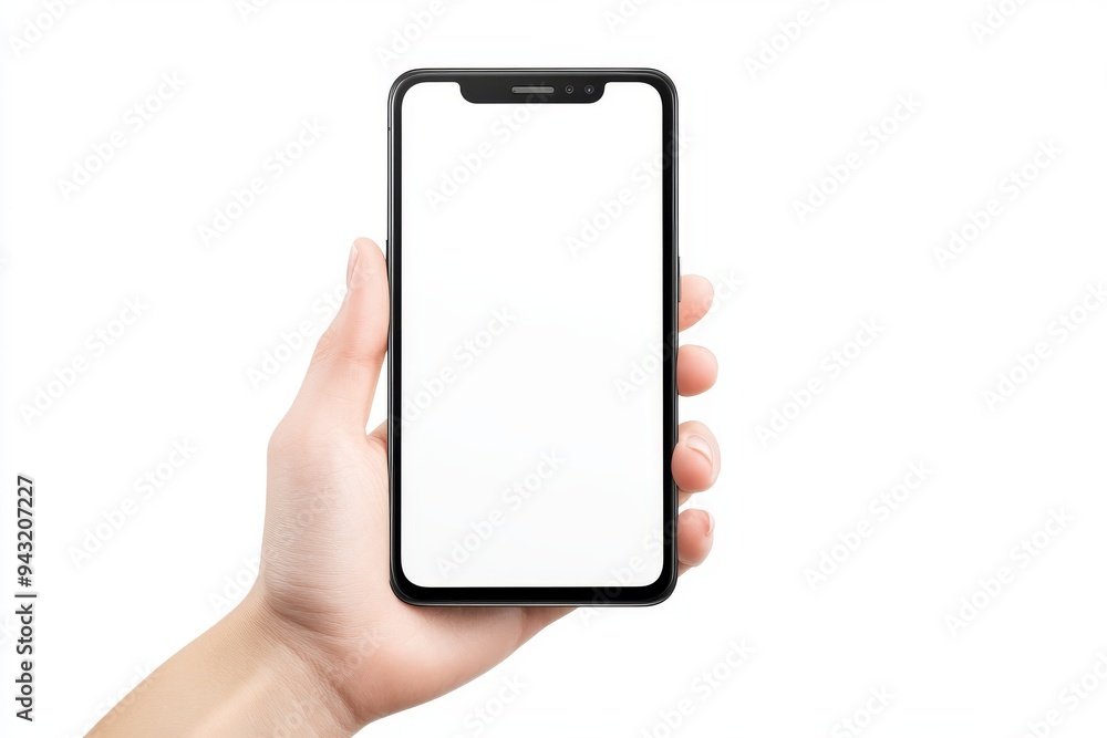 A man holds a smartphone with a blank screen against a white background. A man holds a smartphone with a blank screen against a white background.