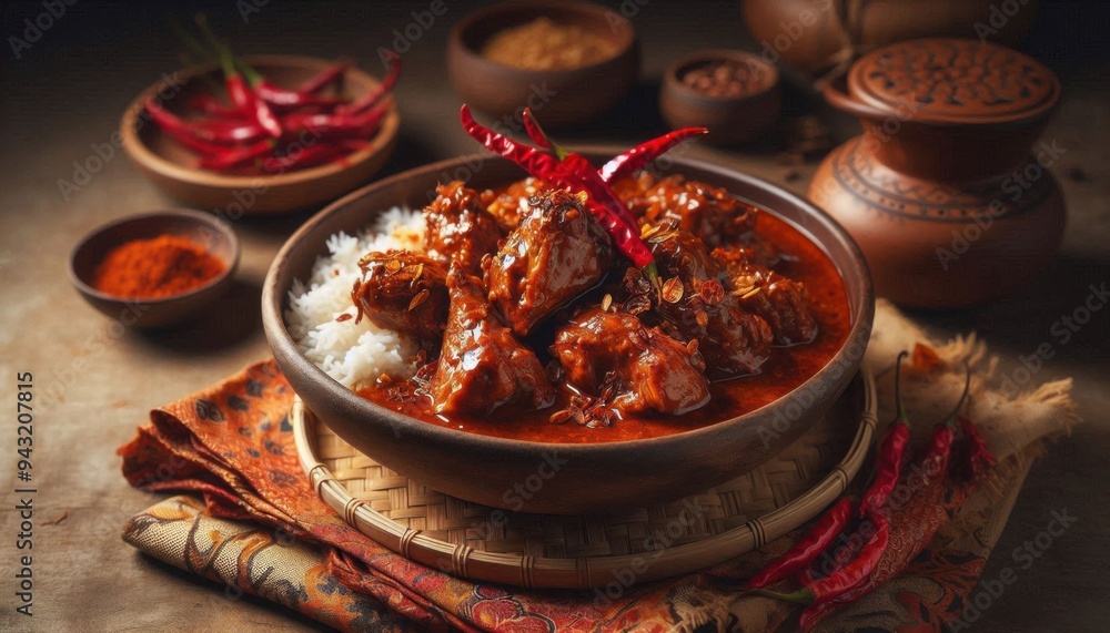 a plate of curry rendang chicken rice a plate of curry rendang chicken rice