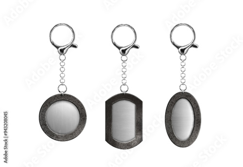 Keychain mockup with silver ring, string and metal with leather pendant. Realistic 3d vector illustration set of chrome key holder with round, oval and rectangular charm for accessory branding.