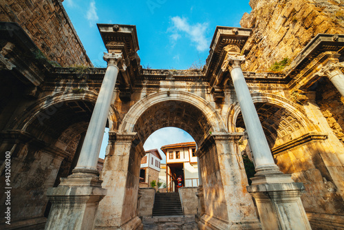 Hadrian's Gate. The three gates that are the symbol of Antalya. Photo taken from a low angle on a cloudy day. Turkey. photo