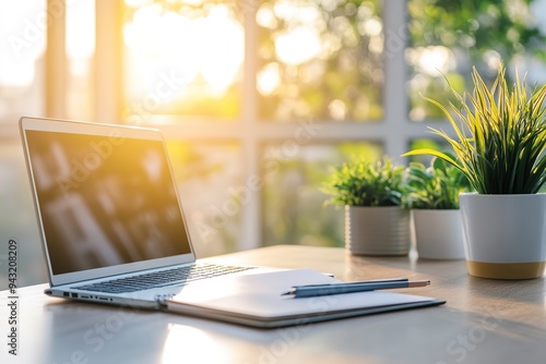 Wallpaper Mural Laptop on desk with sunlight and plants Torontodigital.ca