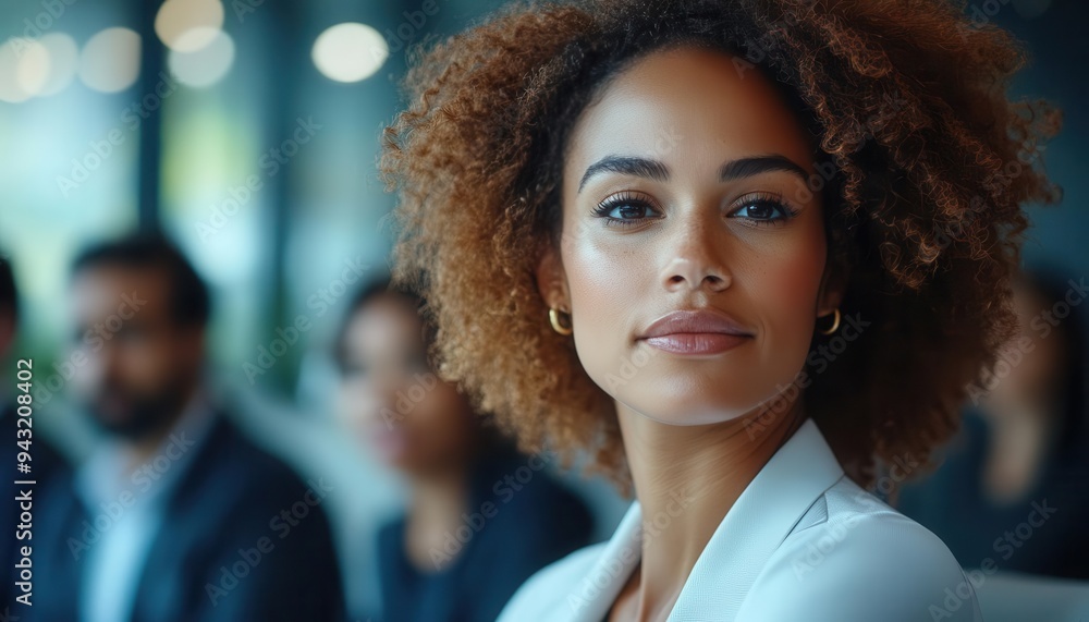 Obraz premium Businesswoman leading a meeting in a contemporary office, with a team of colleagues listening attentively, Dynamic, Professional, High Energy
