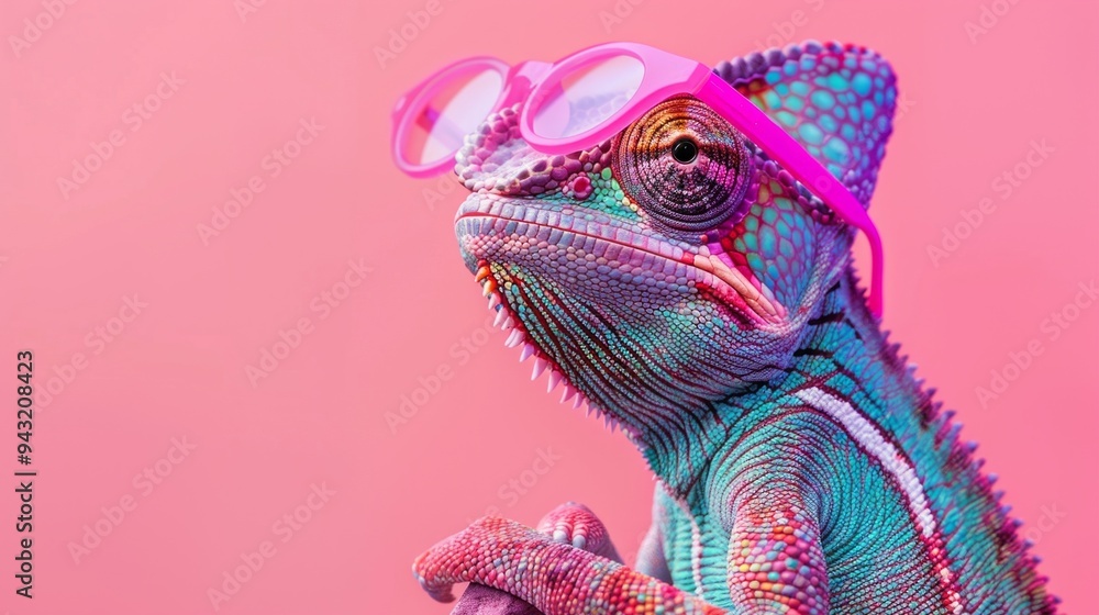 Fototapeta premium A green lizard wearing pink glasses