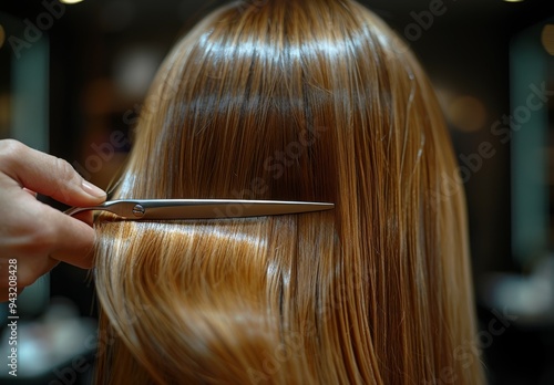 Hairdresser skillfully cutting long, shiny hair in a vibrant salon during a busy afternoon