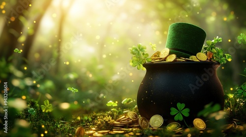 The Saint Patrick's day black cauldron with golden coins, hat and shamrocks in fairy tail forest. St. Patrick's Day banner background concept with copy space. copy space for text.