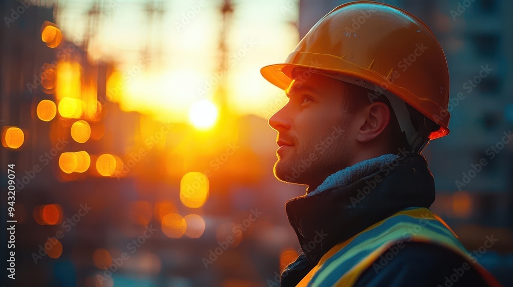 Construction worker in a hard hat, building a structure on a busy construction site, Dynamic, Bright, High Energy Construction worker in a hard hat, building a structure on a busy construction site, Dynamic, Bright, High Energy