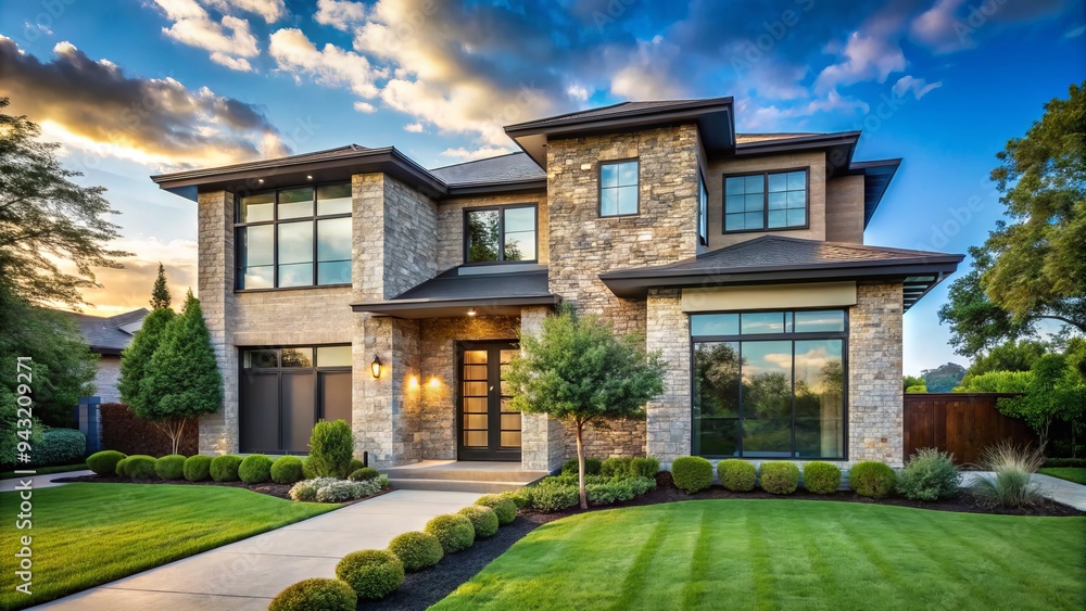 Modern suburban residence with sleek stonework, manicured lawn, and large windows in an upscale Dallas neighborhood under a bright blue Texas sky. Modern suburban residence with sleek stonework, manicured lawn, and large windows in an upscale Dallas neighborhood under a bright blue Texas sky.