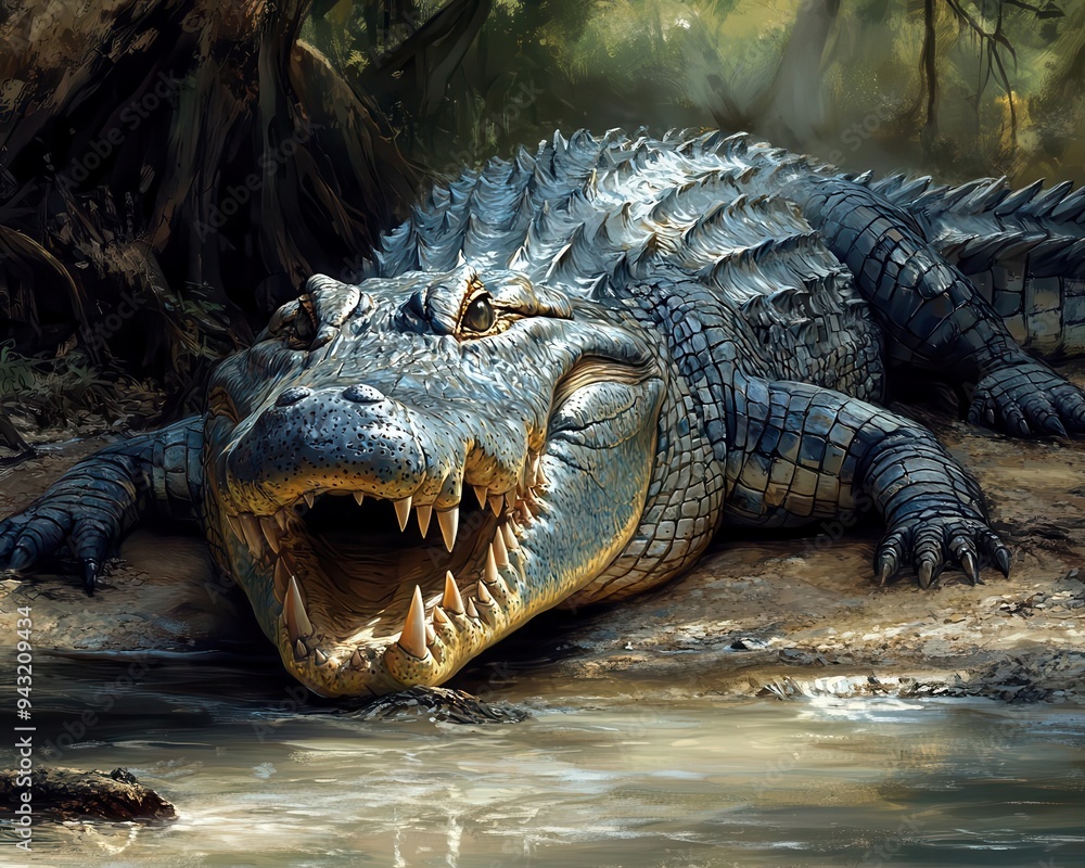 Fototapeta premium Crocodile basking on the banks of a river, with sharp teeth and a powerful presence, Intense, Cool Tones, Detailed
