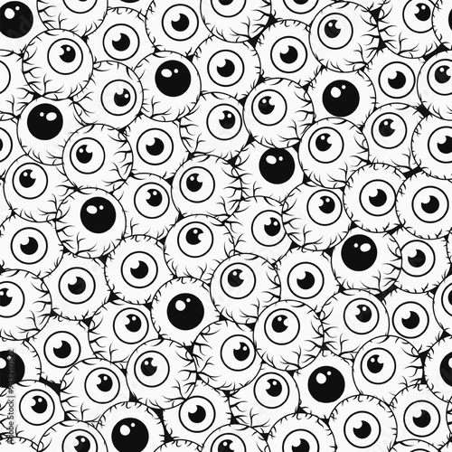 Seamless black and white creepy pattern with eyeballs. Densely packed eyes. Creepy bizarre illustration for Halloween holiday.