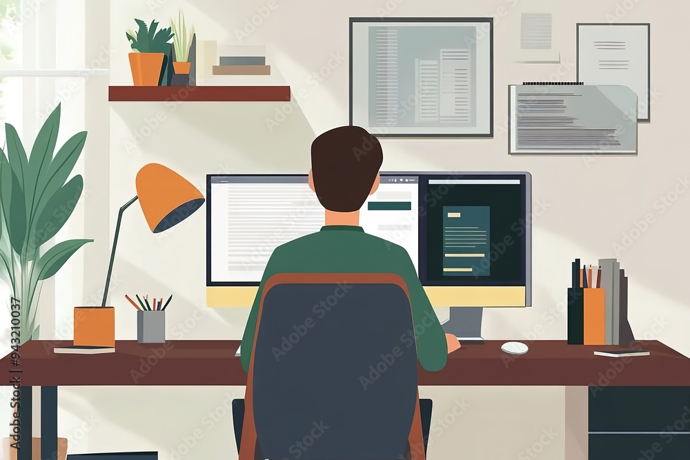 Man at work in a home office setup with dual monitors Man at work in a home office setup with dual monitors