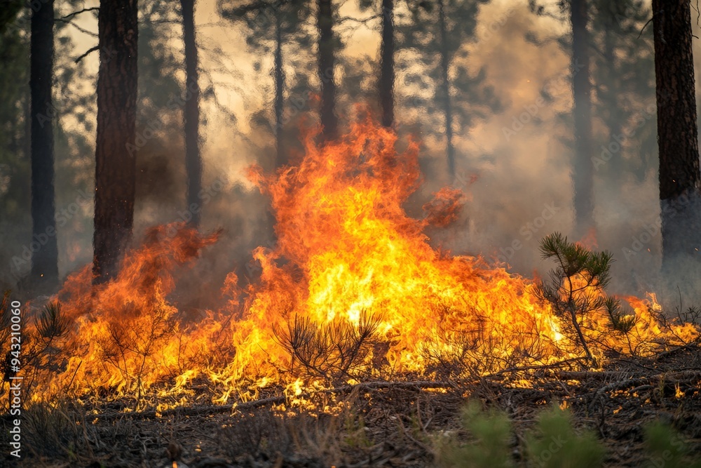Wildfire Blaze in Forest with Heavy Smoke and Flaming Underbrush Near Tall Pine Trees Wildfire Blaze in Forest with Heavy Smoke and Flaming Underbrush Near Tall Pine Trees