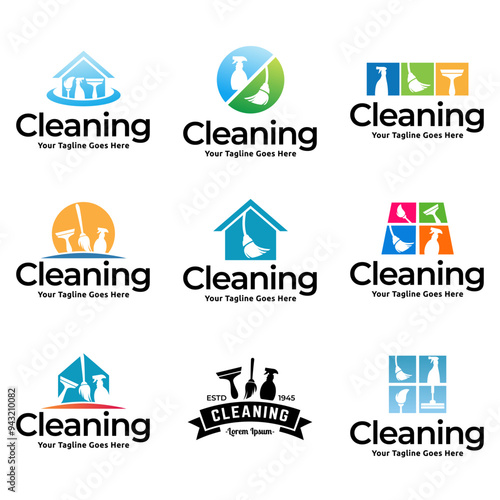 Set of House cleaning service logo design. House cleaning products vector design.