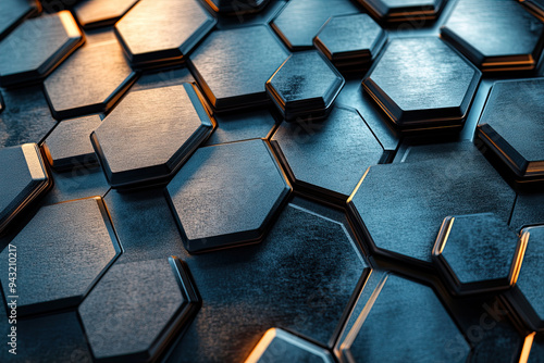 array of metal hexagons linked together, bathed in a cool blue glow photo