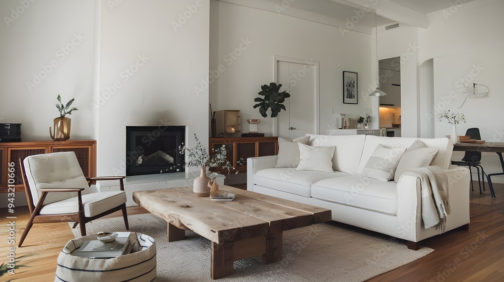 A modern living room with a Scandinavian style, a white sofa with a few cushions, fireplace and a rustic wooden coffee. A modern living room with a Scandinavian style, a white sofa with a few cushions, fireplace and a rustic wooden coffee.