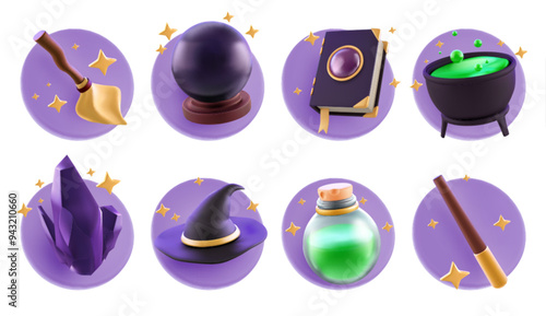 3d magic game icons. Collection of wizard elements and tools - broomstick and sorcery wand, spell book and fortune teller sphere, green potion in cauldron and glass bottle, witch hat and crystal.