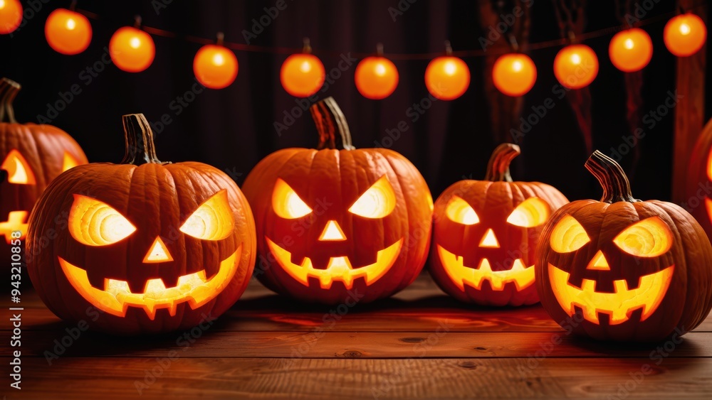 Fototapeta premium Spooky jack-o-lantern pumpkins glowing with orange lights for Halloween night