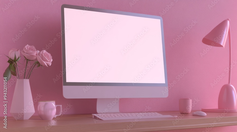 Mockup of a modern pink desktop computer in a stylish workspace Mockup of a modern pink desktop computer in a stylish workspace