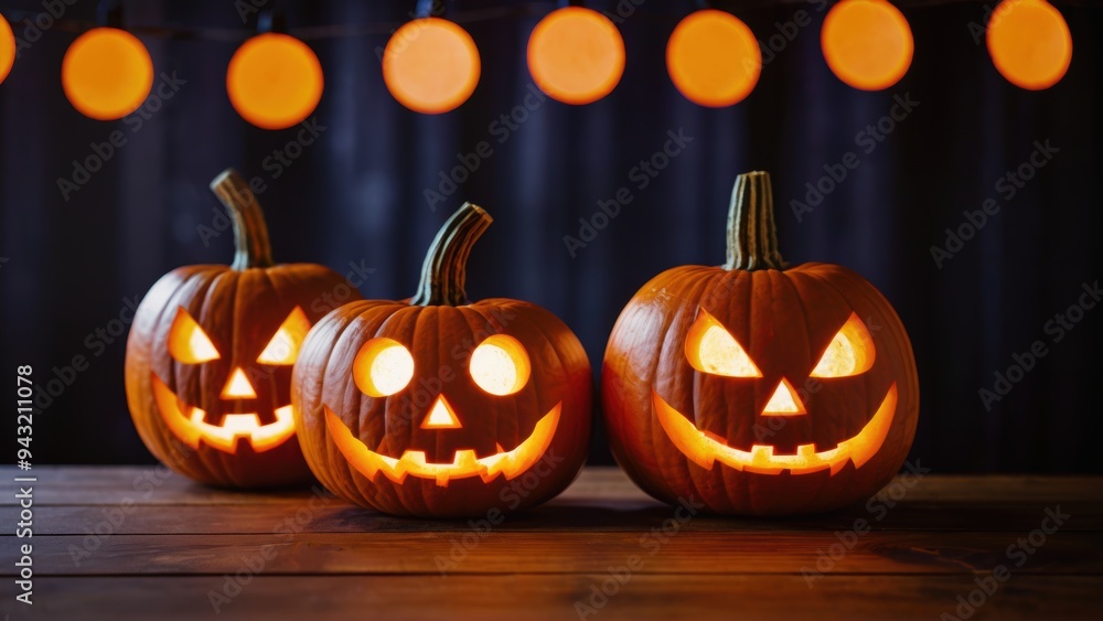 Fototapeta premium Variants of jack-o'-lantern pumpkins illuminated for Halloween in cozy setting
