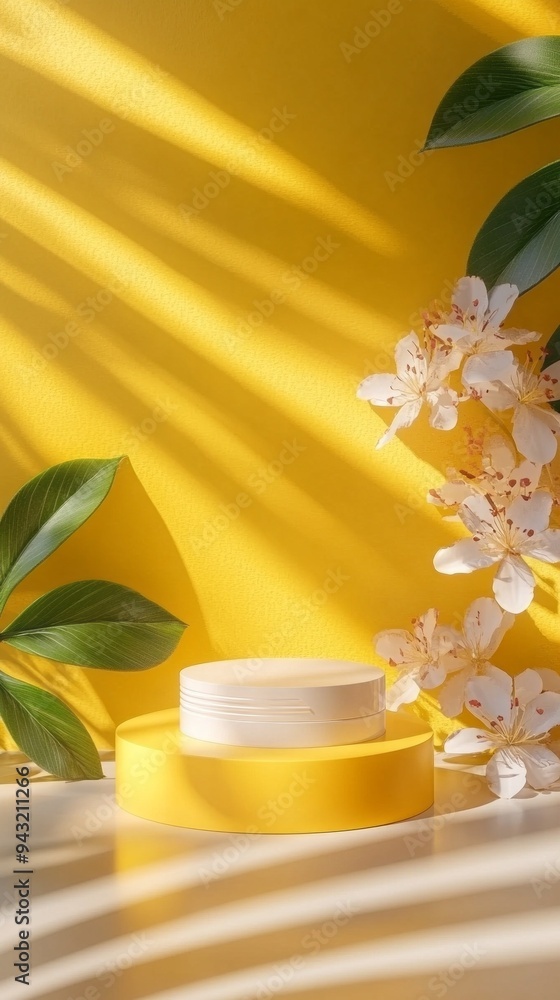 A yellow background with a white container and a leafy green plant A yellow background with a white container and a leafy green plant