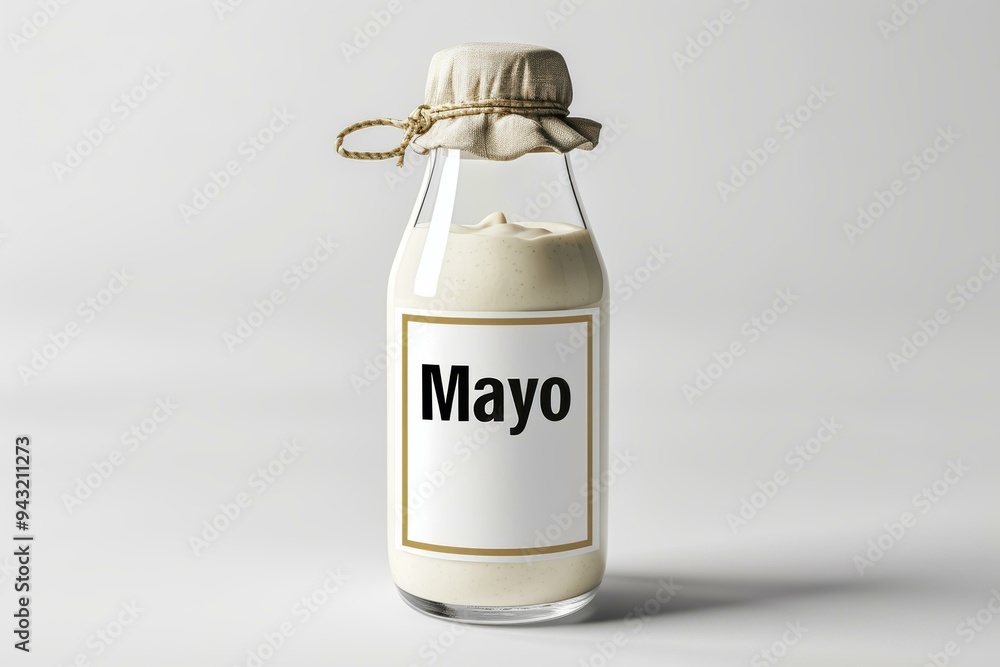 A clear glass bottle filled with mayonnaise and labeled Mayo against a white background, Ideal for food product advertisements, cooking blogs, or recipe illustrations, A clear glass bottle filled with mayonnaise and labeled Mayo against a white background, Ideal for food product advertisements, cooking blogs, or recipe illustrations,