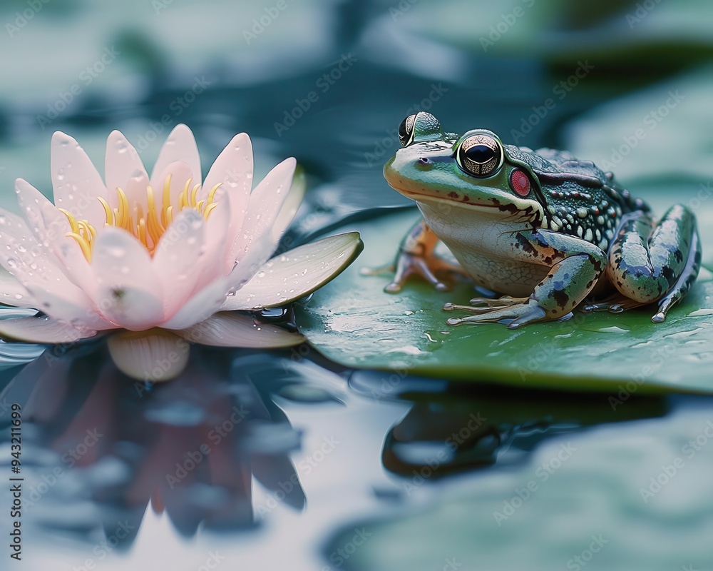 Frog sitting on a lily pad in a tranquil pond, with water droplets and soft reflections, Serene, Cool Tones, Detailed Frog sitting on a lily pad in a tranquil pond, with water droplets and soft reflections, Serene, Cool Tones, Detailed
