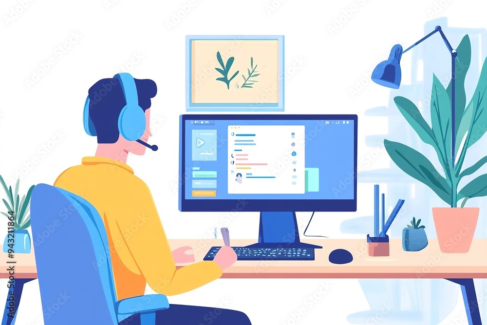 Man in headset working at home office desk with computer Man in headset working at home office desk with computer