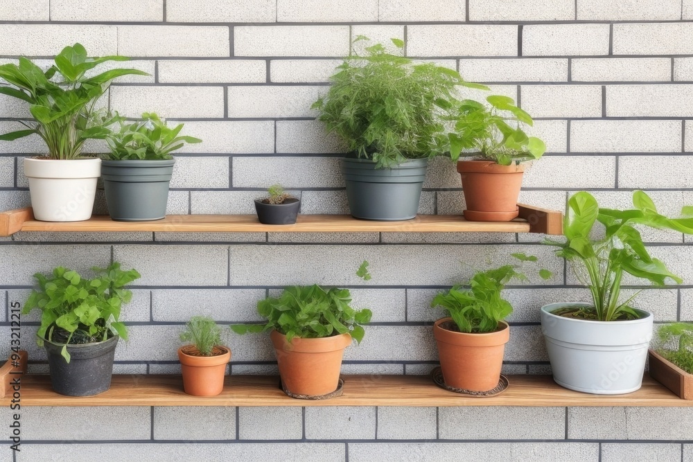 various houseplants exotic houseplants on a shelf against brick wall various houseplants exotic houseplants on a shelf against brick wall