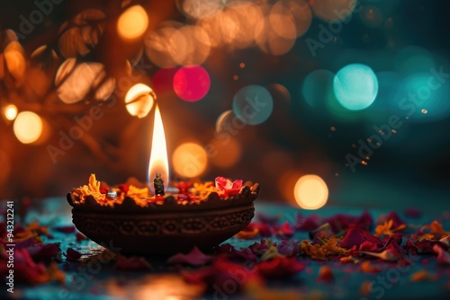 Diwali Festival Celebration: Bright Diya Oil Lamp with Floral Mandala on Colorful Blurred Bokeh Background photo