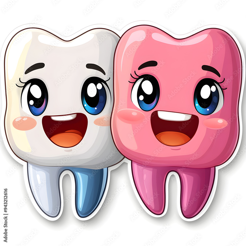 Two happy cartoon teeth smiling showing healthy gums Two happy cartoon teeth smiling showing healthy gums