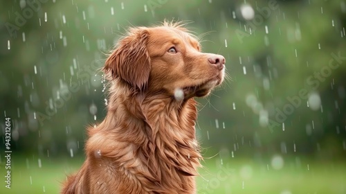 A brown dog with long fur basks in the rain, displaying a joyful expression as water droplets splash around while set against a vibrant green background