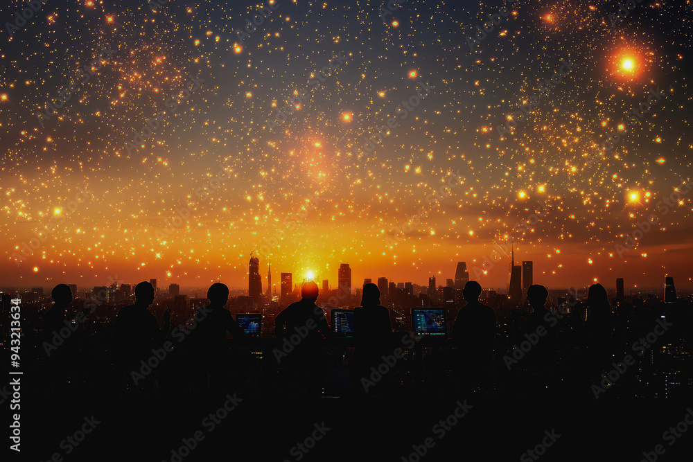 Silhouetted business meeting with holographic displays, vibrant light beams, futuristic, high-tech setting Silhouetted business meeting with holographic displays, vibrant light beams, futuristic, high-tech setting