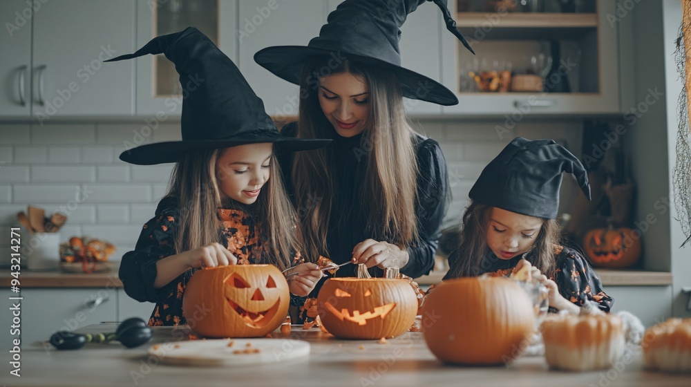 Fototapeta premium a mother with her 2 children in witch costumes making halloween decorations