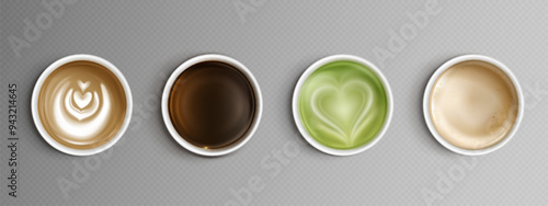Top view on coffee in plastic or paper cup. Realistic 3d vector caffeine hot drink with milk and ornate on foam on transparent background. Americano or espresso, cappuccino and green coffe overhead.