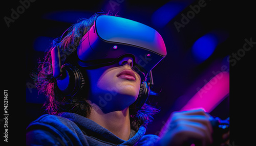 Young man using VR headset and controller, excited and focused, blue-purple gradient background