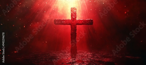Jesus Cross symbol with red hell light effect. Christianity religion faith worship spirituality concept. Generative AI technology.	
