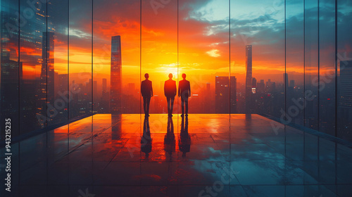 Business people standing in an office building with a cityscape background, with a double exposure effect. The scene is bathed in soft daylight, creating long shadows and in sunset