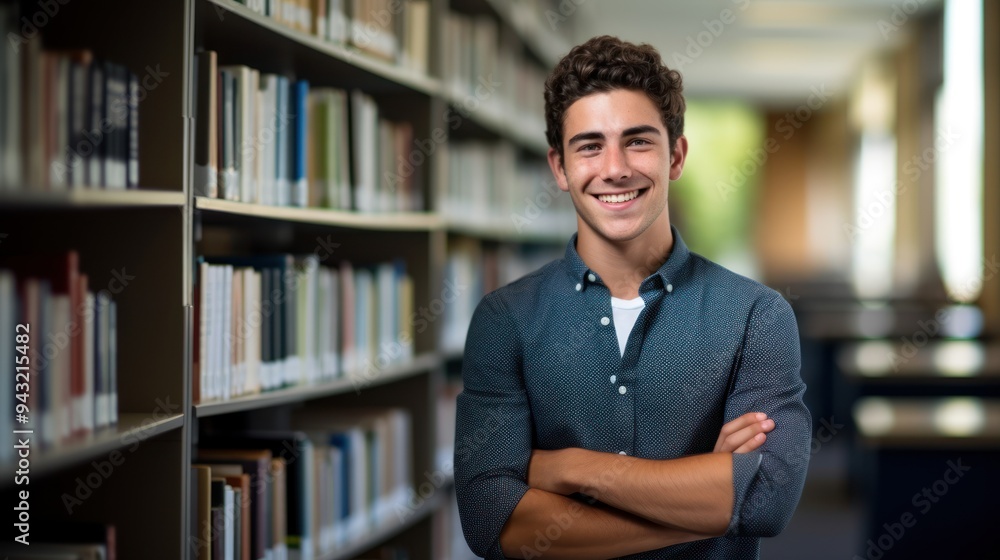 A cheerful college student in a library, A cheerful college student in a library,