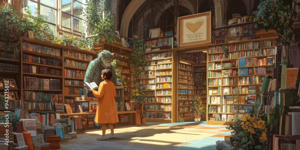 A girl reads a book with a furry creature in A girl reads a book with a furry creature in