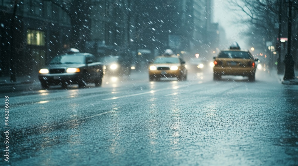 Obraz premium Winter Snowstorm Blurs Taxis on a Busy Urban Street in the City
